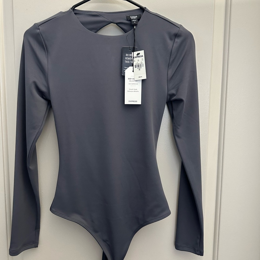Express Body Contour Long Sleeve Back Cutout Thong Bodysuit
